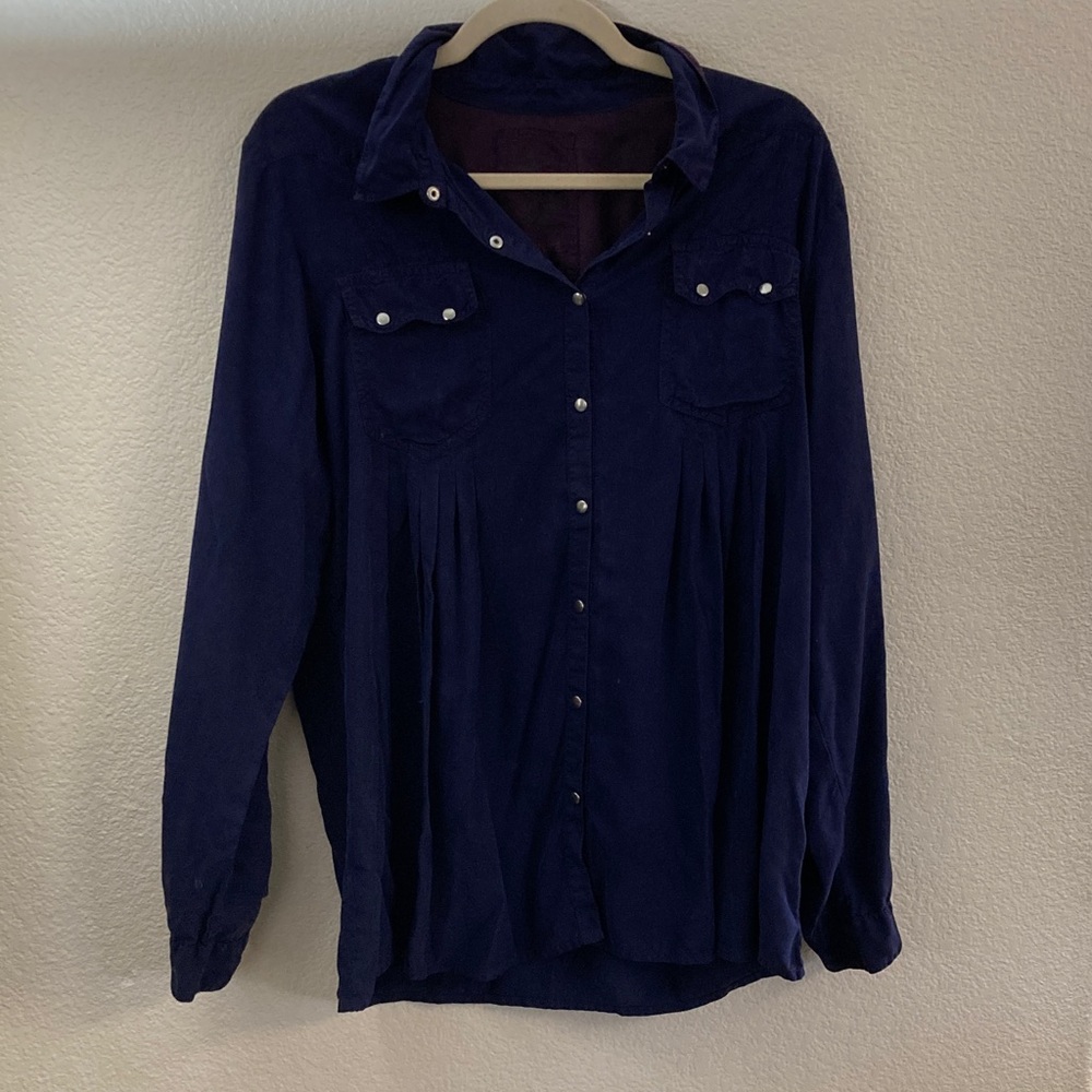Johnny Was Pete&Greta navy 100%silk Shirt metal snaps western boho lagenlook L